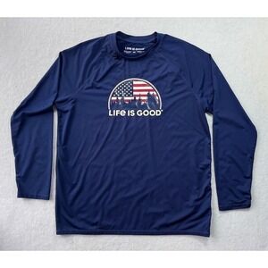 Life Is Good Blue USA Flag Trees Lightweight Long‎ Sleeve Polyester Shirt MED